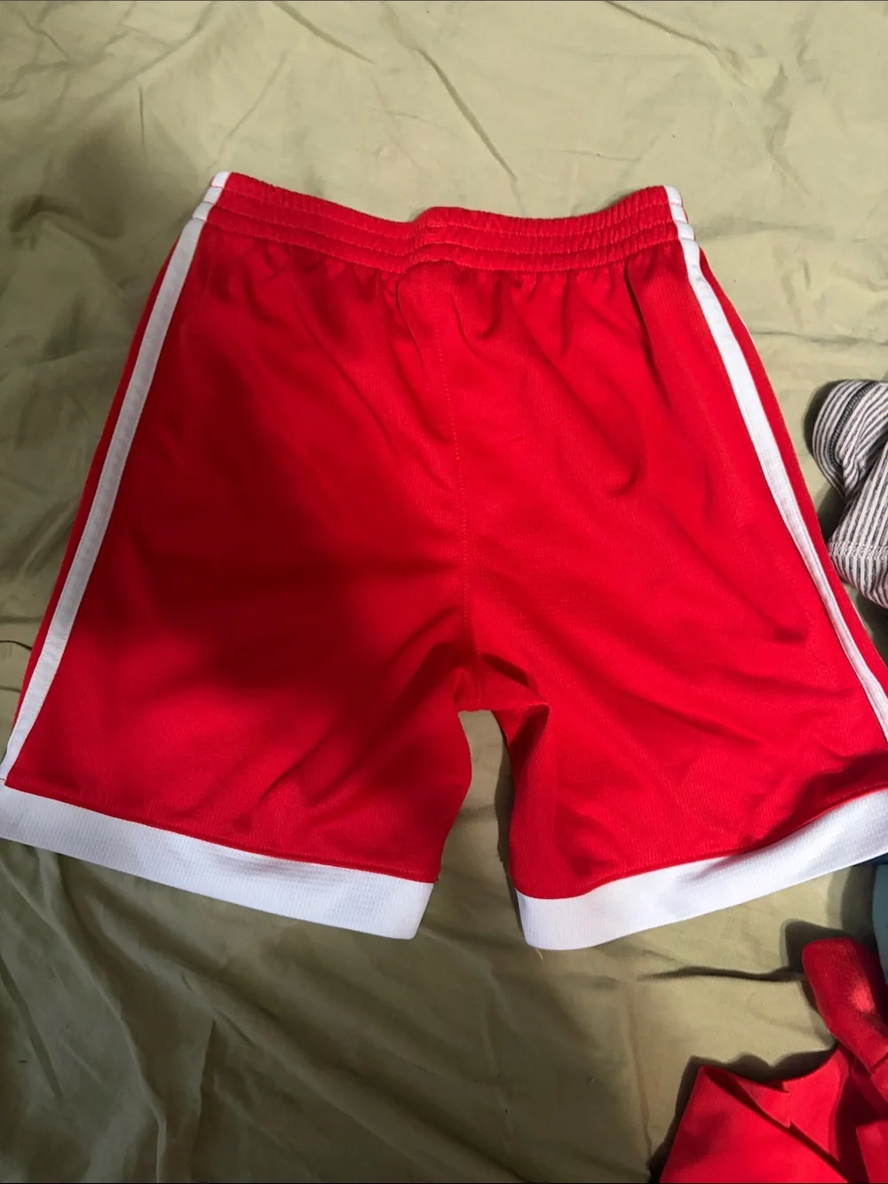 adidas Red Athletic Shorts with White Stripes and Navy Trim